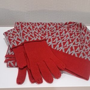 Michael Kors Red and Gray Ladies Scarf and Gloves Set